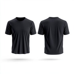 Front and back view of plain black T-shirt, isolated on white background. Mockup template for apparel design, product display.