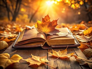 Cozy autumn scene featuring a pile of fallen leaves surrounding a worn leather-bound book, open to a marked page, with a warm golden light filtering through.