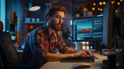Young man coding at his computer in a cozy home office during the evening