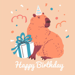 Vector postcard with capybara features a cute animal in a festive hat surrounded by confetti