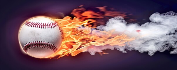 A baseball is on fire, with flames and smoke trailing behind it. This image represents the intensity and excitement of the sport.