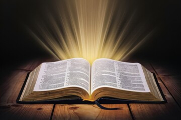 Obraz premium Illuminated Open Bible on Dark Background