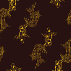 Vector banner with traditional Chinese elements and ornament. Koi carp in gold color black red background with peony flowers. Chinese background.fish koi japanese chinese design sketch ink paint style