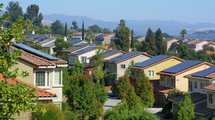 Many houses in a neighborhood are equipped with solar panels on their rooftops, showcasing widespread adoption of sustainable energy