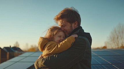 Father and daughter embrace joyfully on a rooftop with solar panels at sunset