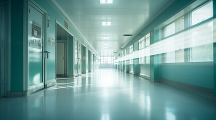 Empty hallway with windows and doors leading to other rooms, bright light shining through the windows.