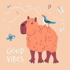 Vector graphics a capybara in a kawaii style, with a bird sitting on its back