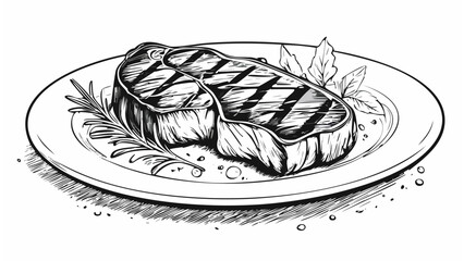 Meat Steak on Plate Sketch Illustration - Beef Food BBQ Lamb Sirloin Slice Raw Menu Grill Eatery Buthering Brisket Rib
