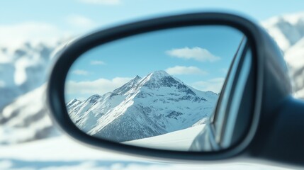 Fototapeta premium A rocky mountain peak in the side-view mirror of a car; the view behind a vehicle in a mountainous area, covered in snow.