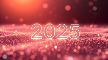 2025 on red shining background. Banner 2025 in trendy glitter concept. 