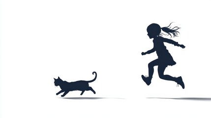 Naklejka premium A playful silhouette of a girl running joyfully alongside a cat, capturing the essence of friendship and freedom.