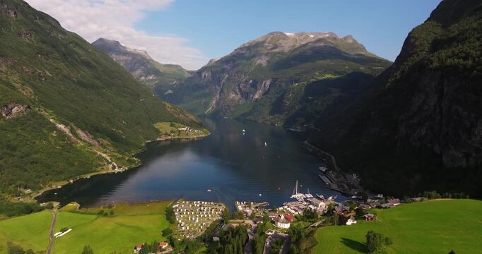 Cinematic Establishing Drone Shot Above Geiranger Village Geirangerfjord, Norway