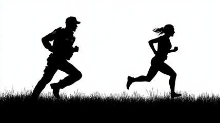 Dynamic silhouettes of a man and a woman running outdoors, showcasing fitness and movement against a simple backdrop.