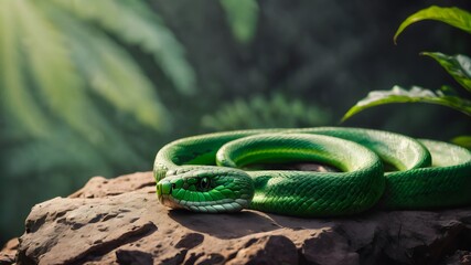 Calm green snake on stone in tropical forest. New year symbol