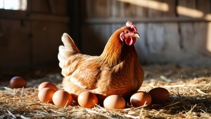 A hen lays eggs in a country barn.