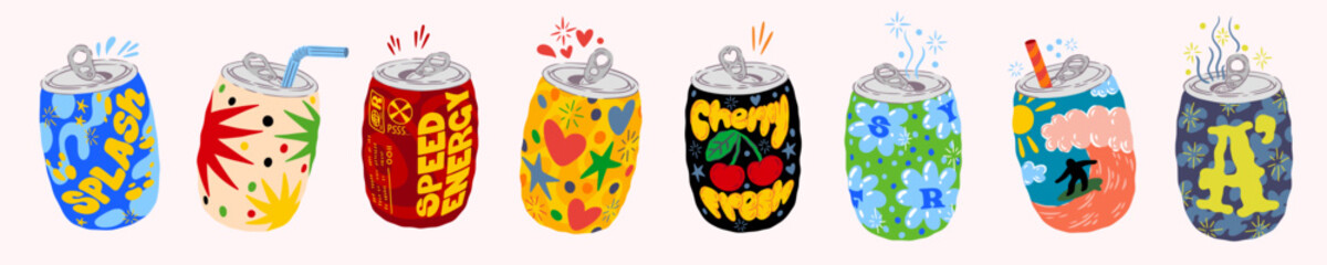 Soda drink. Cute kawaii metal can for fruit beverage bottle. Doodle design of carbonated cola. Juice flavor. Aluminum tin with straw. Energy or cherry lemonade. Vector trendy products set