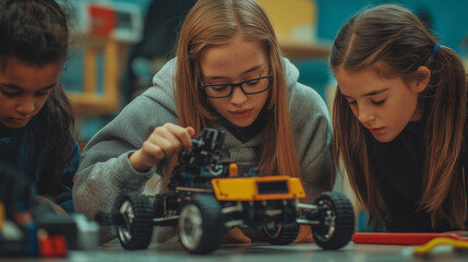 Students engage in robotics activity while building a model car in a classroom setting during the afternoon