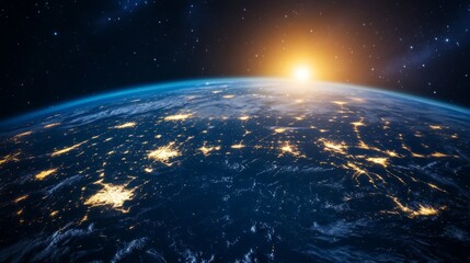 Obraz premium Earth at night with a golden sunrise in the background.