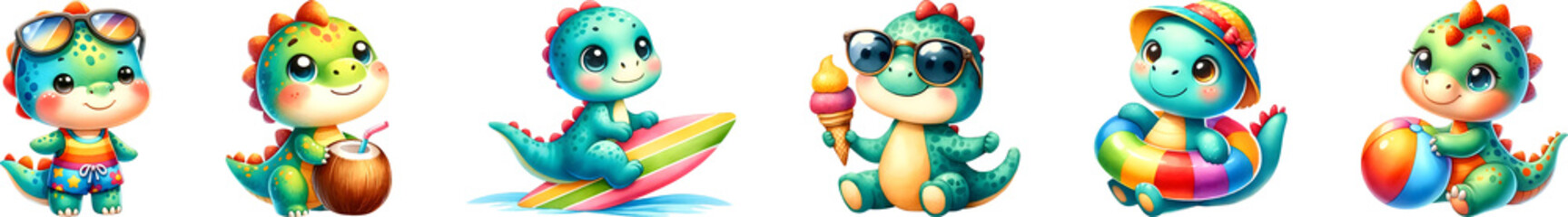 Dinosaur summer cute for kids, watercolor illustration.