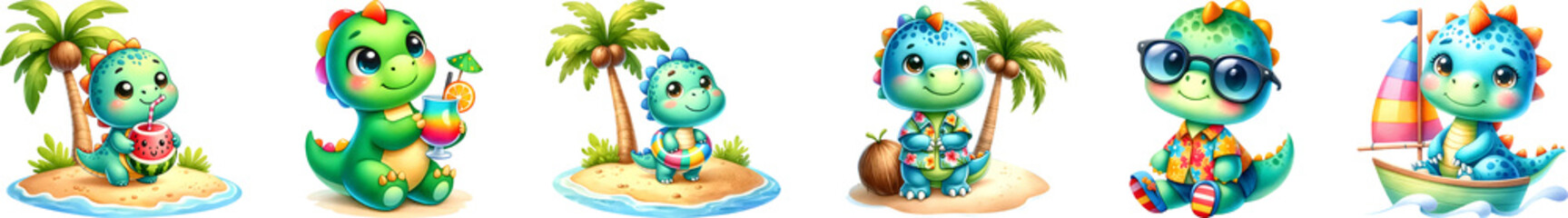 Naklejka premium Dinosaur summer cute for kids, watercolor illustration.