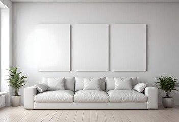 Fototapeta premium Three blank white canvases hanging on a wall in a minimalist interior.