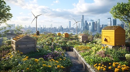 Fototapeta premium Thriving urban rooftop garden abundant with lush vegetation beehives and small wind turbines creating a sustainable and eco friendly oasis amidst the concrete jungle cityscape