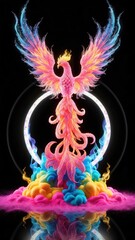 Colorful Phoenix Rising from Ink Explosion with Halo