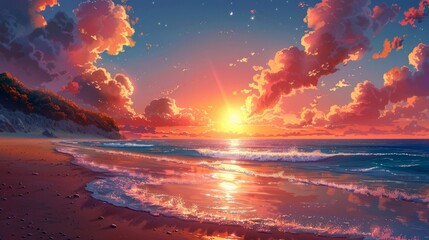 A picturesque beach featuring warm sand, calm ocean waves, and a sunny sky, ideal for a day of leisure and enjoyment.