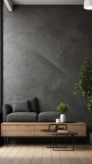 Modern Living Room with Gray Concrete Wall, Wooden Sofa and Coffee Table