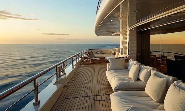 Luxury yacht deck with lounge chairs, facing the ocean at sunset.
