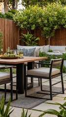 Modern Outdoor Dining Set with Wooden Table and Black Chairs
