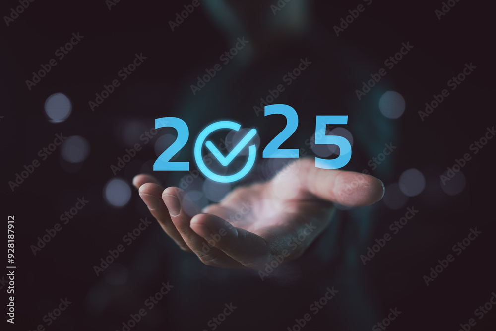 Poster set goals quality for 2025, businessman holds text 2025, service and quality, implementation of busi