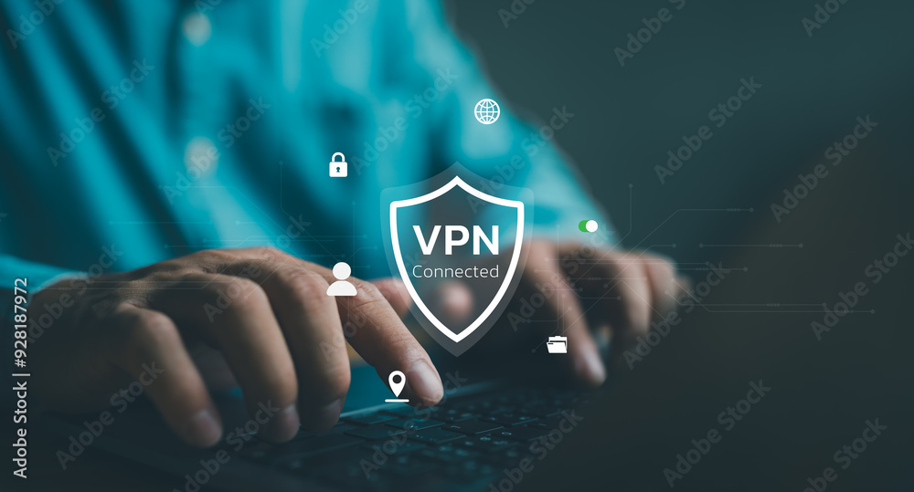 Poster VPN Virtual Private network protocol concept, Man hand typing on keyboard computer with VPN icon on virtual screen. VPN concept. Cybersecurity, internet secure, online system network.