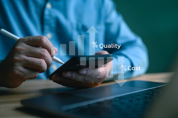 Quality control, Businessman showing cost with down arrow and quality with up arrow for business project management strategy have to control budget cost and improvement quality of product and service.