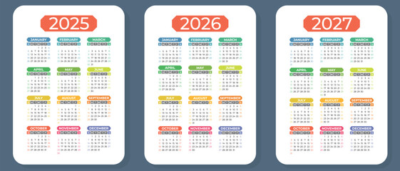 2025, 2026 and 2027 calendar set. Vector pocket calender design. Week starts on Sunday. January, February, March, April, May, June, July, August, September, October, December