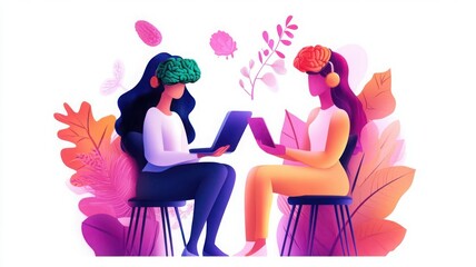 Two women wearing VR headsets engage in a virtual reality experience, surrounded by vibrant foliage and abstract shapes.