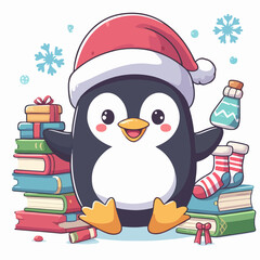 Obraz premium A penguin wearing a red hat and holding a bottle of water