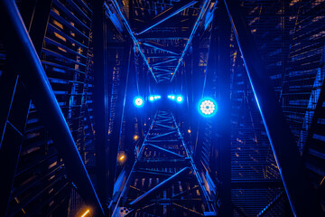 An upward view of a metal structure at night, dramatically lit with bright blue and yellow lights....