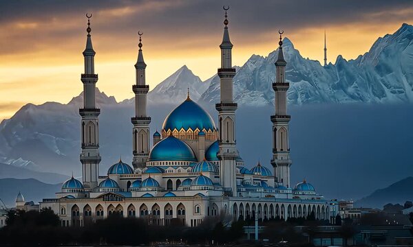 Majestic mosque with multiple minarets and domes silhouetted against a stunning sunset over snow-capped mountains.