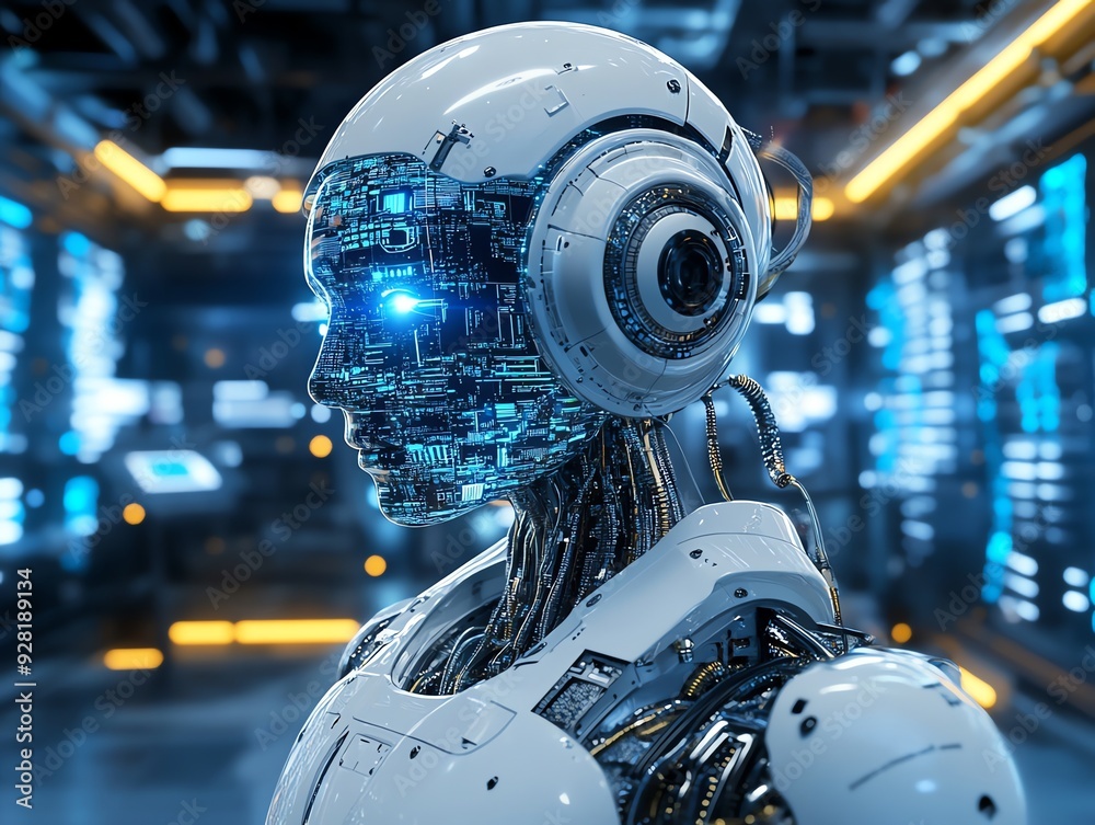 Aufkleber Futuristic humanoid robot with glowing digital interface.