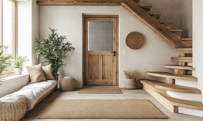 Scandinavian interior design of modern entrance hall with grid door, staircase and rustic wooden accent pieces, Generative AI