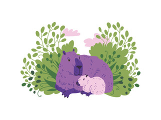 Vector illustration depicting a female capybara lying in a bush of greenery with a cub