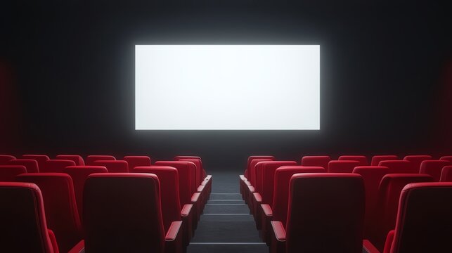 Empty movie theater with a blank screen ready for your movie poster or advertisement.