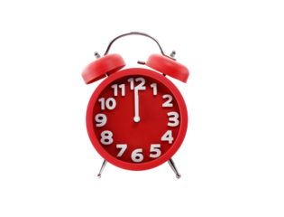 minimalist round red alarm clock isolated on transparent, midnight or lunch break time