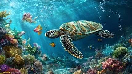 Obraz premium Sea turtle swimming in a vibrant coral reef with colorful fish.
