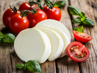 Mozzarella with ripe tomatoes and fresh basil, on the table, gourmet cuisine.