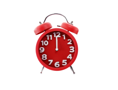 minimalist round red alarm clock isolated on transparent, midnight or lunch break time