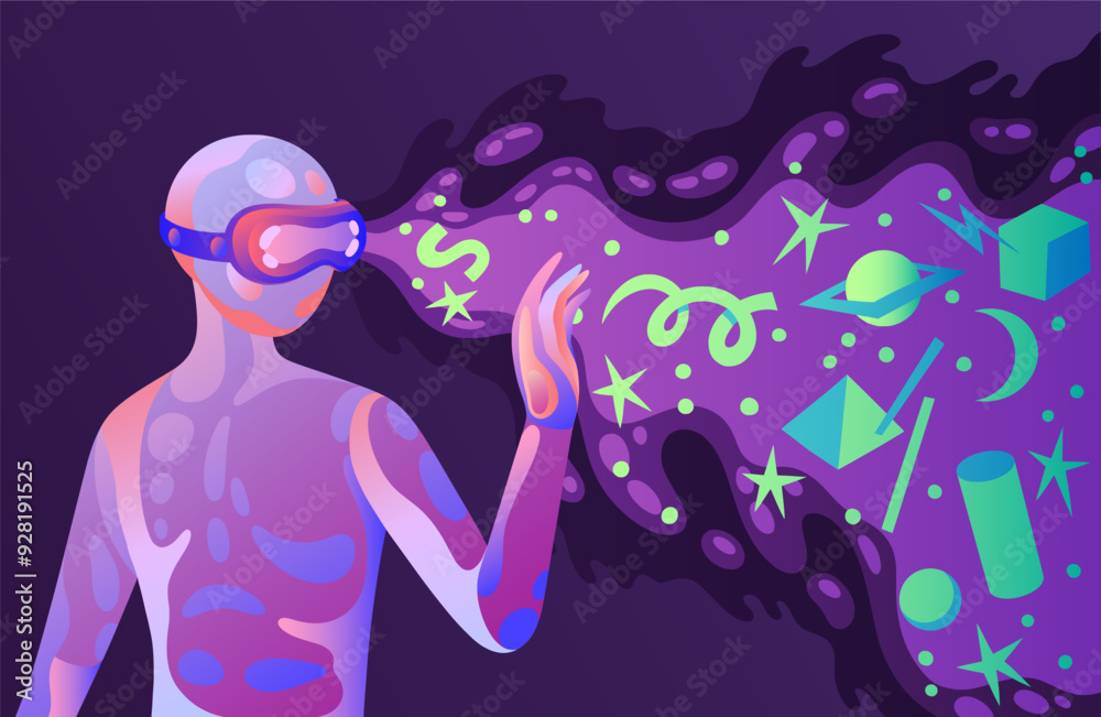 Poster Virtual reality. Woman character in VR glasses. Abstract light girl and digital mobile technologies. Cyberpunk simulator. Augmented visual experience. Vector modern cyberspace background