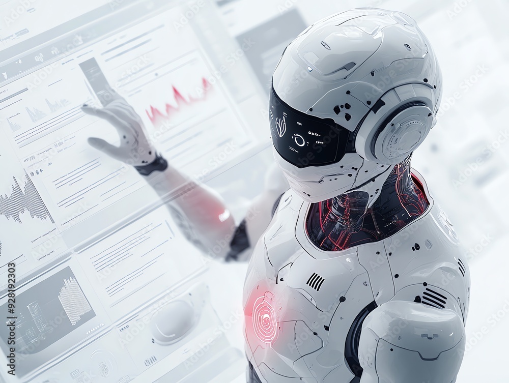 Poster Futuristic Robot Analyzing Data.