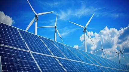 Green Energy with Solar Panels and Wind Generators Under Clear Blue Skies.
